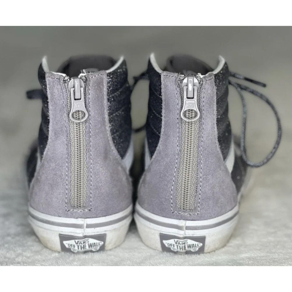 Vans Kids Size 4 SK8-Hi Top Zip Glitter Silver Sneakers Gunmetal Gray